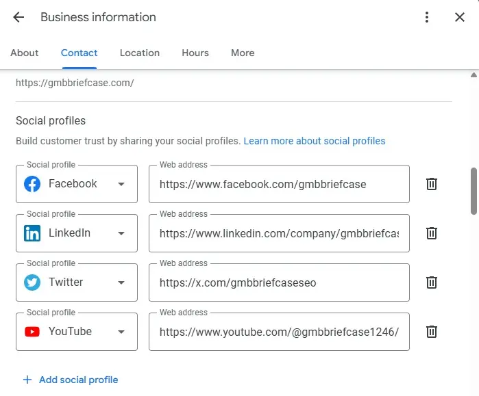 Google Business Profile Manager form showing fields to enter URLs for multiple social media profiles.
