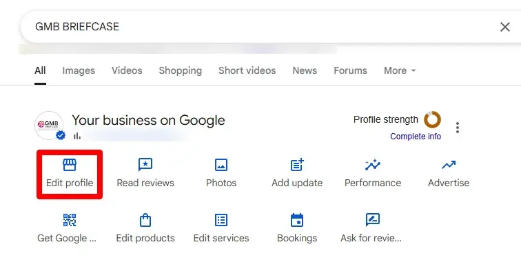 Google Business Profile Manager interface with the Edit Profile → Business Information → Contact → Social Profiles menu highlighted.