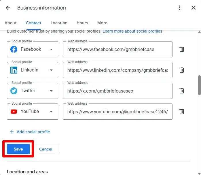 Google Business Profile Manager with the Save button highlighted after adding social media links.