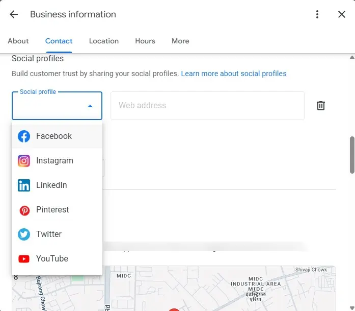 Dropdown menu in Google Business Profile Manager for selecting a social media platform to add.
